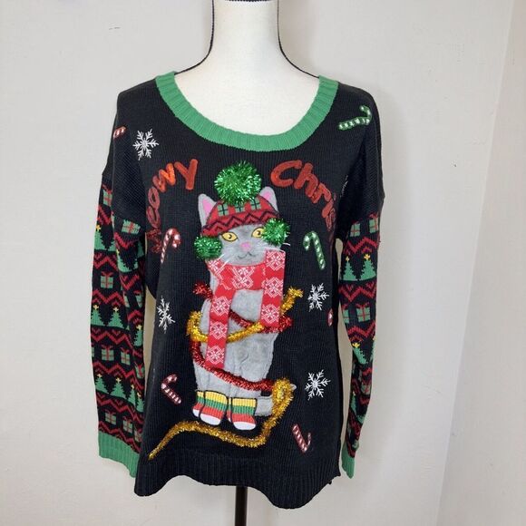 Meowy Christmas Holiday Ugly Sweater Cat Kitten‎ Lover Embellished Womens Size L - Picture 1 of 16